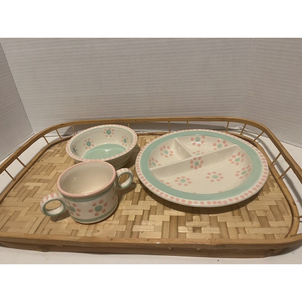 M. Bagwell Baby Plate & Cup Set Ceramic Pink Green Polka Dot Flower Shower Gift